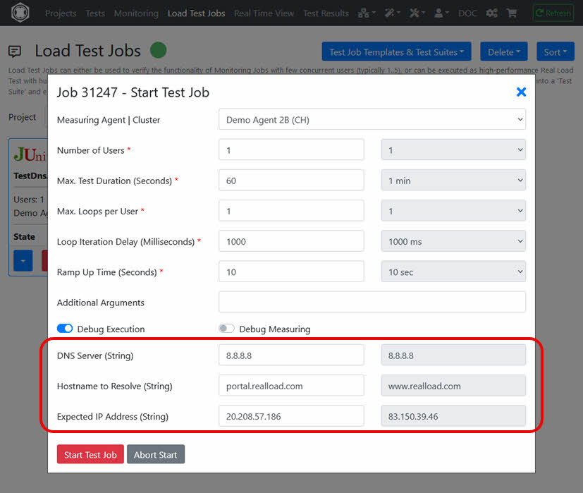 Load Test Job with User Input Fields